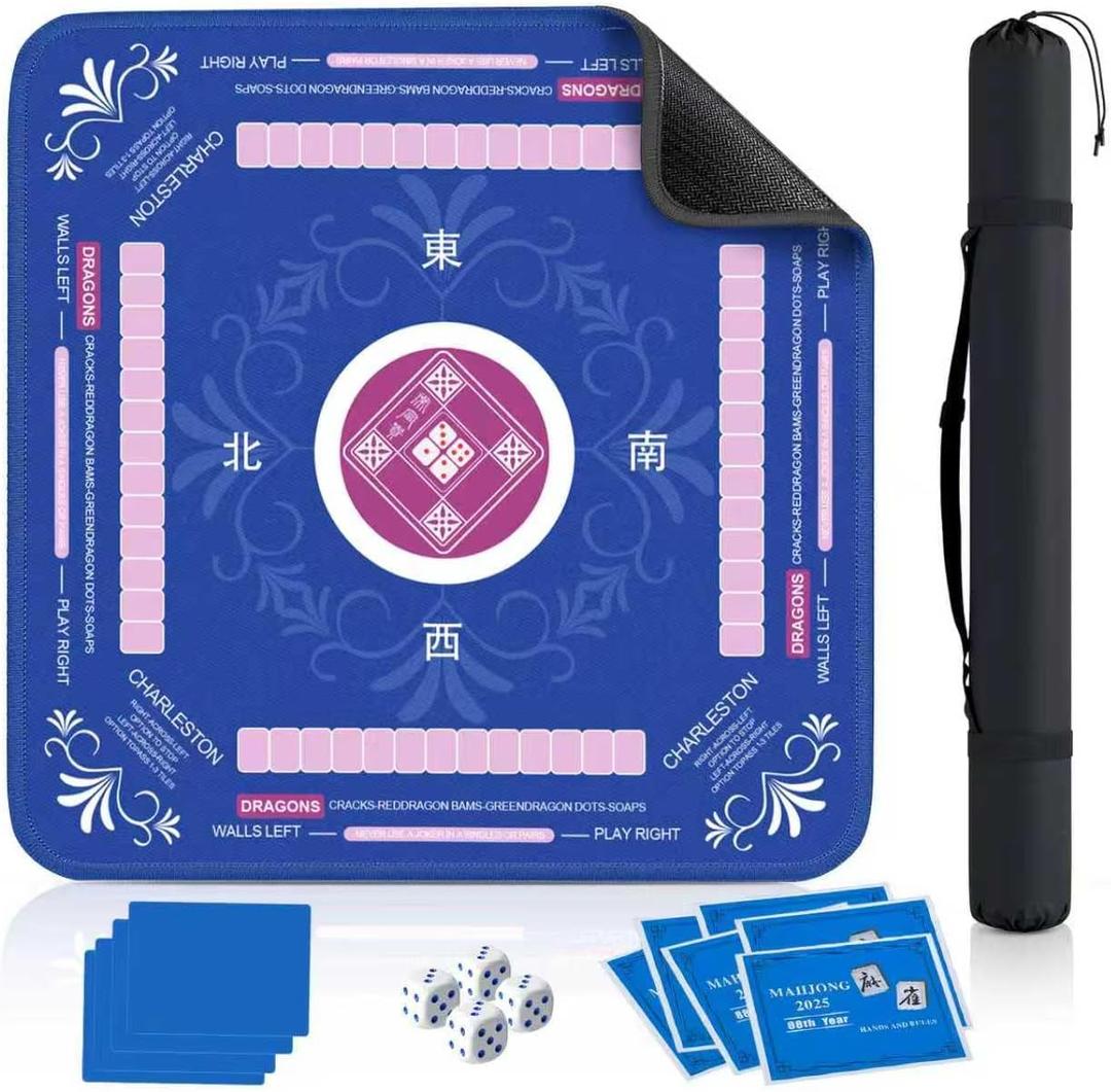 Qwiayeal Mahjong Mat (33"x33") with 6 Mahjong Playing Instructions,4Tile Mixer,4Dice & Carrying Bag,Non-Slip and Silent Travel Mahjong Set for Mahjong/Poker/Board Games/Card Games/Dominoes (Blue-1)