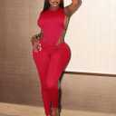 Red Sexy 2 Piece Sets for Women Sleeveless Hollow Out Bodysuit Top Bodycon Ruched Leggings Set Jumpsuit Club Outfits (Red)