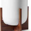 LE TAUCI 12 Inch Pots for Plants with Acacia Wood Stand, Ceramic Large Planters for Indoor Plants, Indoor Planters for Office Living Room, Cylinder Pots with Drainage Hole and Plug, White