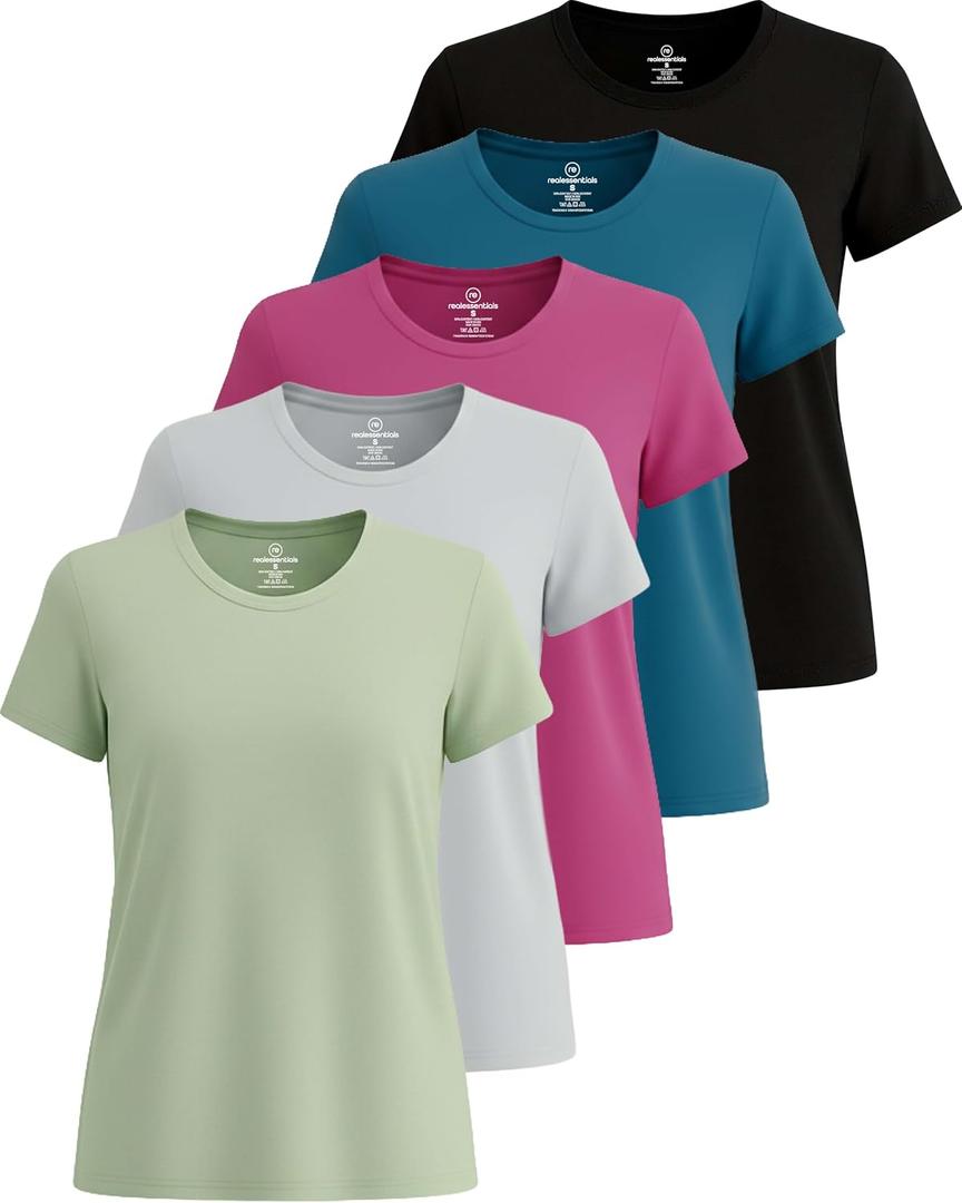 Real Essentials 5 Pack: Women's Short Sleeve T-Shirts Workout Tops Fitness Pilates Gym Activewear Athletic, (Standard Small, Set 13)