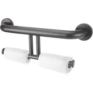 Toilet Paper Holder Black Toilet Paper Holder with Assist Bar Stainless Steel Toilet Paper Roll Holder,17 Inch Grab Bar w/Double Toilet Paper Roll Holder,Shower Support Balanced Support Handle