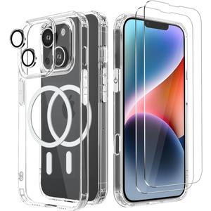 5 in 1 Magnetic Clear Case for iPhone 14 with 9H Tempered Glass [2 Protectors & 4 Lens Films]  Durable, Anti-Yellowing, Shockproof, Waterproof, Ultra-Thin