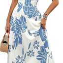 MakeMeChic Women's Floral Tropical Drawstring Shirred Cami Boho Dress High Waist Flared Flowy Summer Dress Blue and White, Small