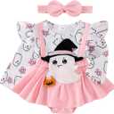Newborn Halloween Baby Girl Outfit Ruffle Sleeve Romper Dress Suspender Jumpsuit Fall Winter Clothes (0-3 Months, Ghost Pink)