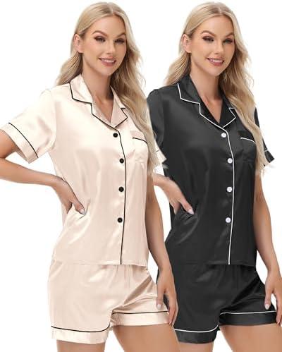 TinyChoice 3 Piece Silk Satin Pajamas Set for Women Soft Short Sleeve Pjs Silky V Neck Sleepwear, S