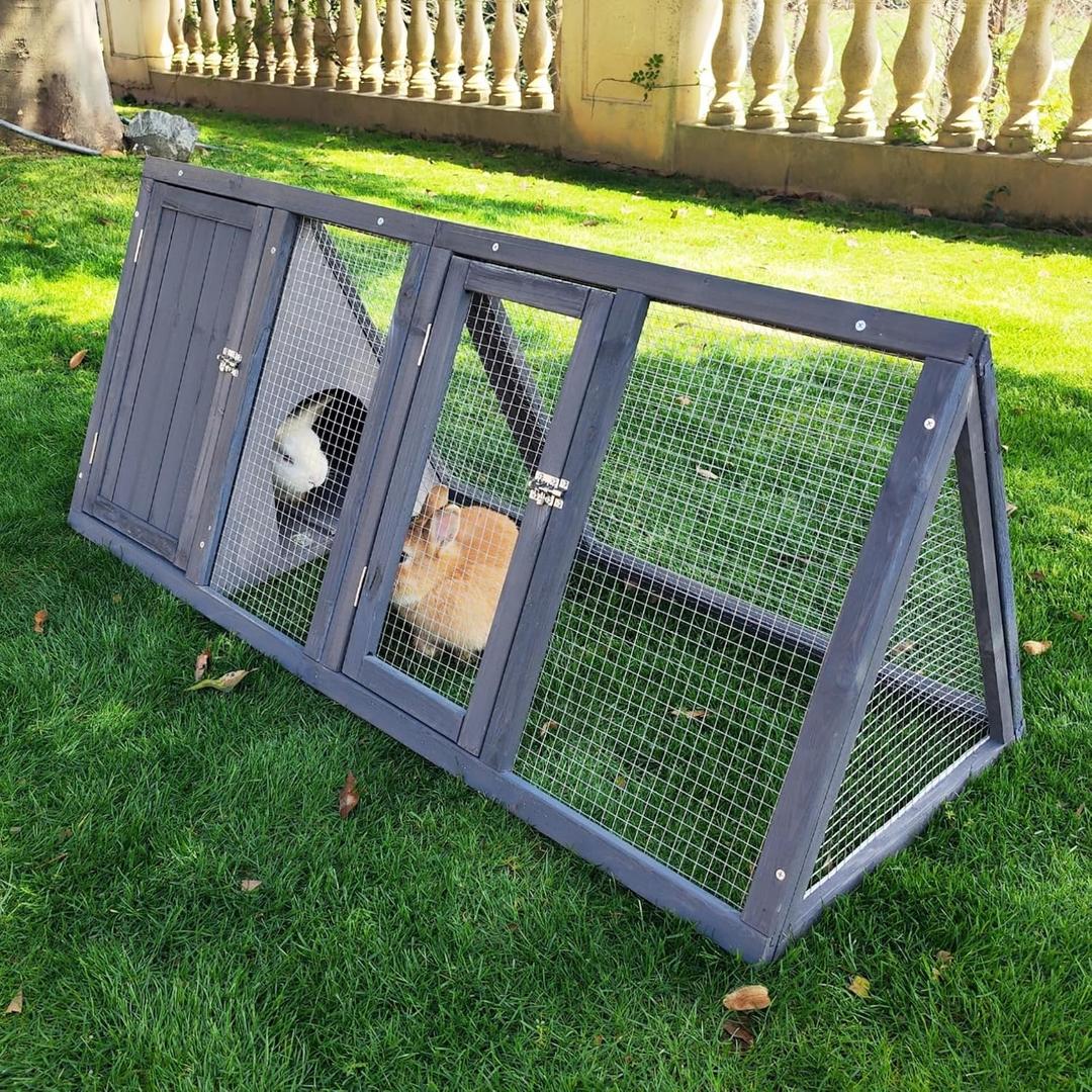 Rabbit Hutch Outdoor Chicken Coop Wooden A-Frame Small Animal Cage Quail Cage w/Chicken Run & Ventilated Wire Fence Suitable for Garden Backyard Farms 47 x 18 x 19.5 in (Grey)