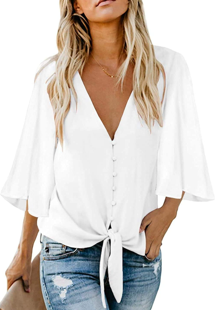 Kancystore Womens Button Down V Neck Tie Knot Front Tops 3/4 Sleeve Chiffon Casual Blouse Shirts, XS