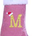 EHJYO 20 Inches Monogram Christmas Stockings with Letters Large Super Soft Christmas Stockings, Pink Velvet with White Plush Cuff Embroidered Xmas Stocking for Christmas Family Decor Letter M