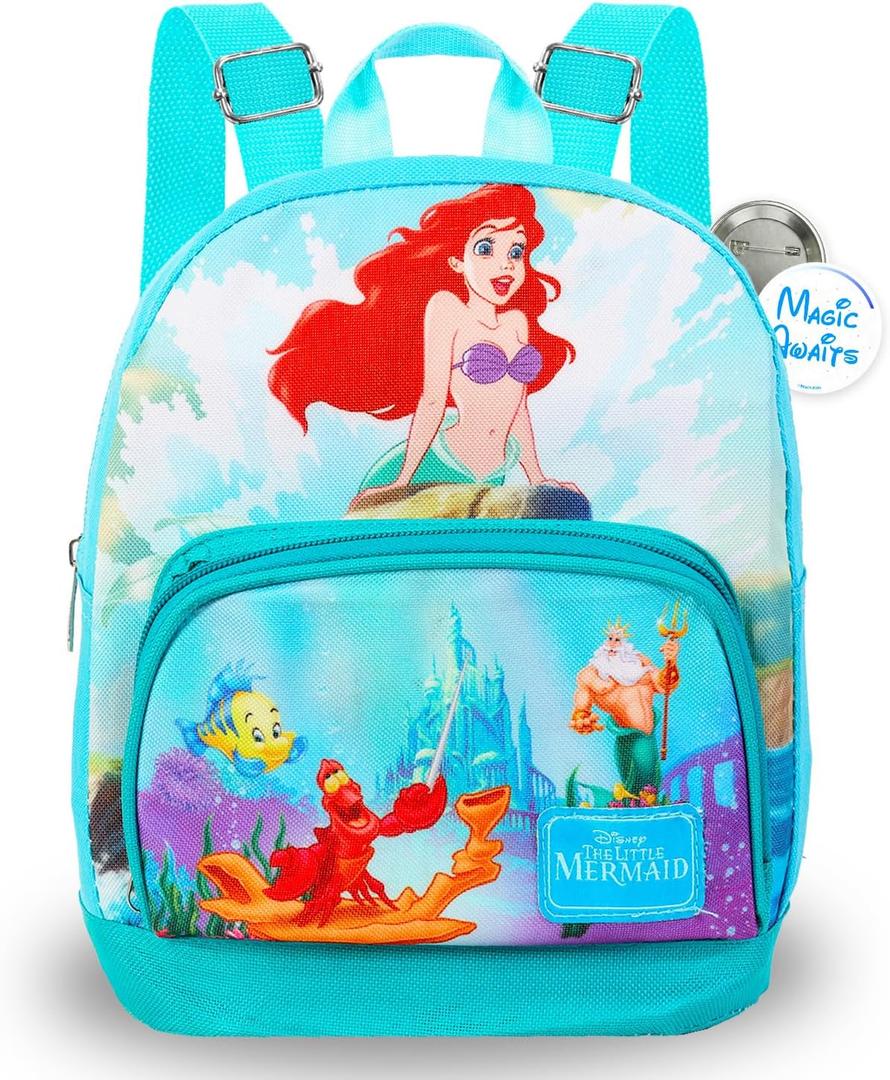 The Little Mermaid Mini Backpack - 10" Exclusive Woven Small Backpack with Front Pocket and Button Bundle | Adjusts to Fit Women, Teens, Girls, Kids