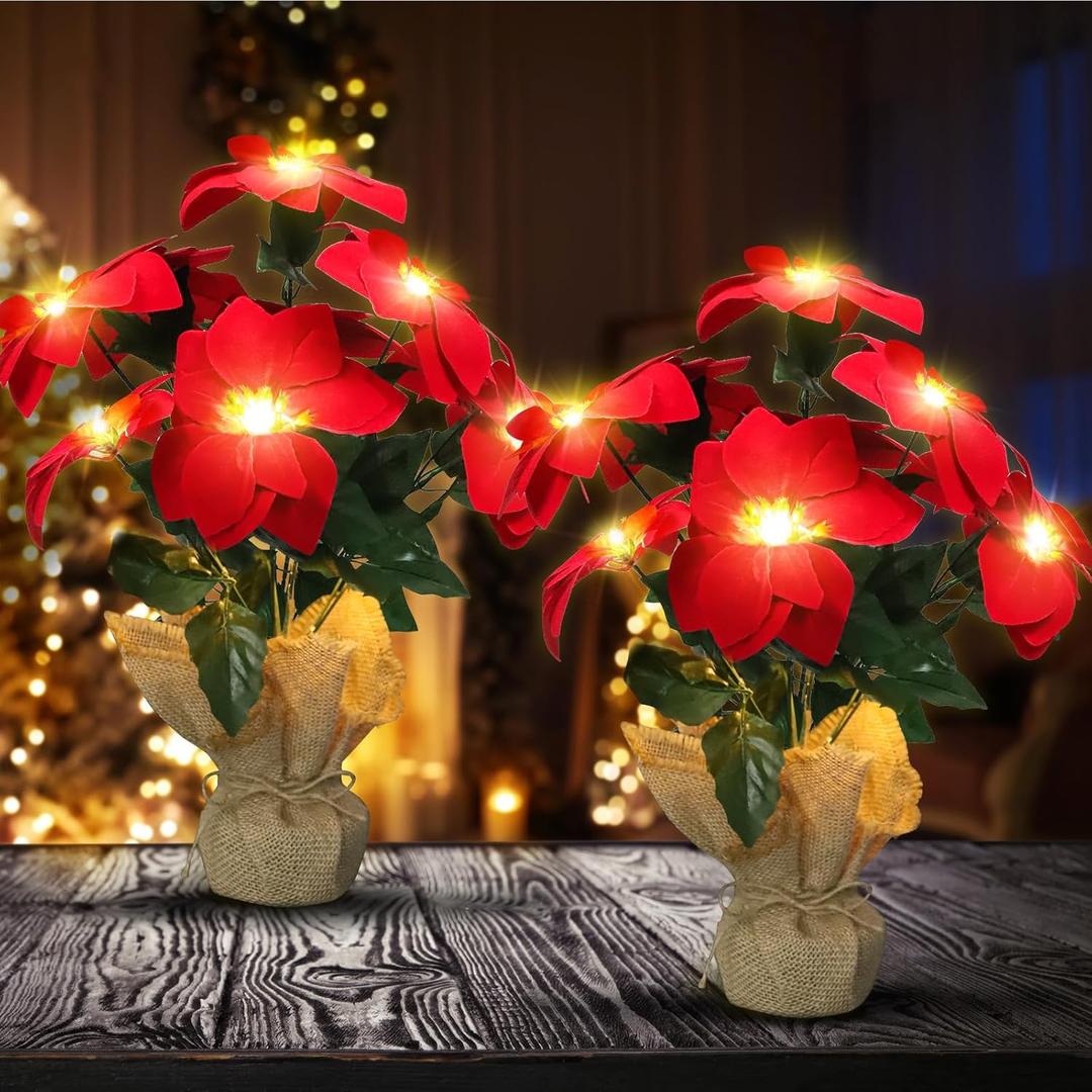 Christmas Decorations 20 Inch Pre-Lit Artificial Poinsettia Plant - 50 LED Lighted Faux Poinsettia Flowers Potted (Red,2 Pack)