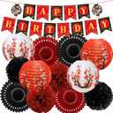 Hibachi Birthday Party Decorations - 14 Pcs Red Black Gold Cherries Blossom Banner Paper Fans Lanterns Honeycomb Balls Pom Poms Set, Japanese Style Happy Birthday Party Supplies for Men Women