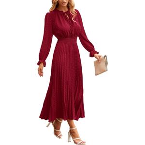 PRETTYGARDEN Women's 2025 Spring Fall Midi Dress Casual Long Sleeve V Neck Swiss Dot Pleated A Line Flowy Dresses (Wine Red)