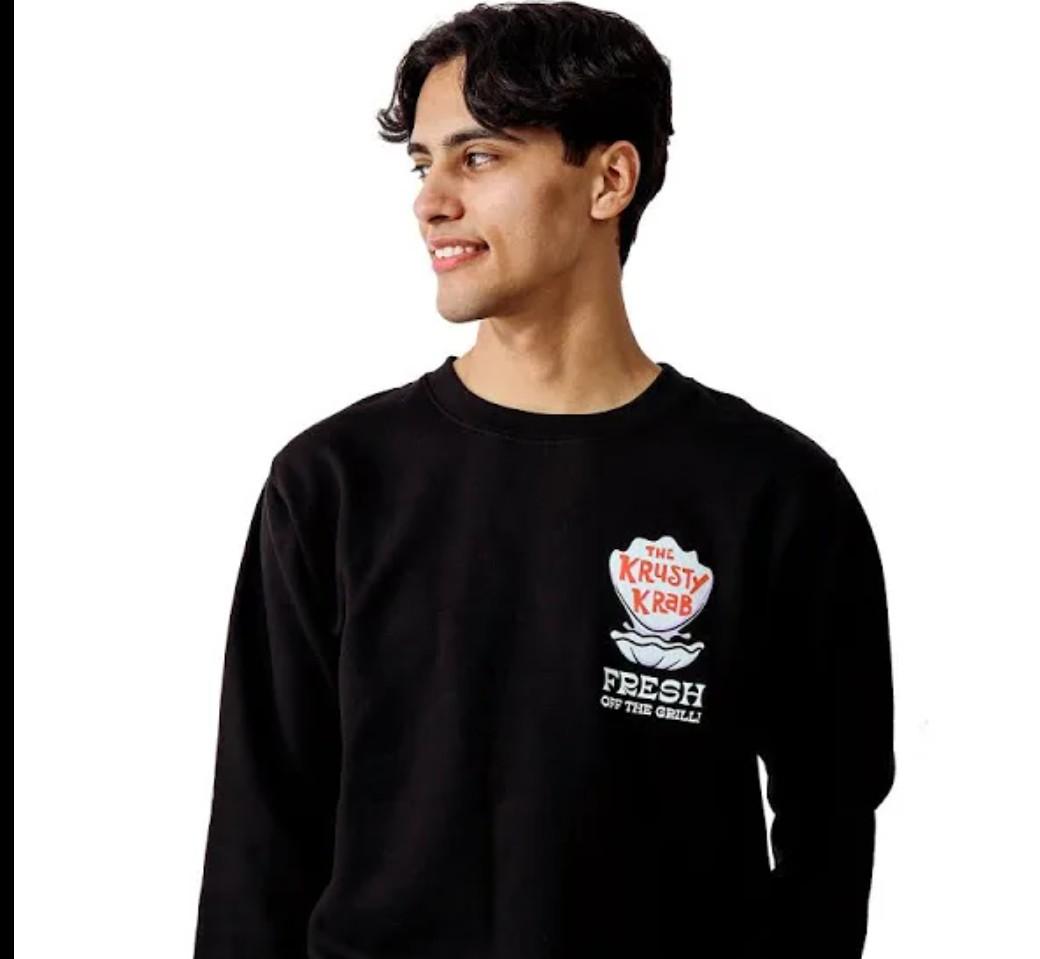 Bioworld Spongebob Squarepants Fresh Off The Grill Men's Black Crew Neck Long Sleeve Pullover Sweatshirt - Small