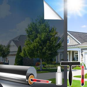 Window Privacy Film One Way Daytime Privacy Static Cling Sun Blocking Anti UV Reflective Window Tint for Home and Office, Black-Silver, 29.5 inch X 157.4 inch