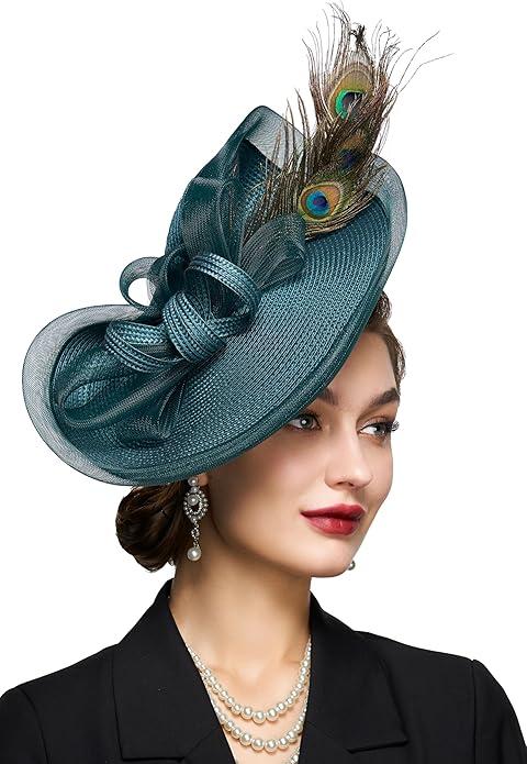 BABEYOND Derby Hats for Women - Peacock Feather Tea Party Fascinator Kentucky Hat Straw Derby Hat for Cocktail Wedding