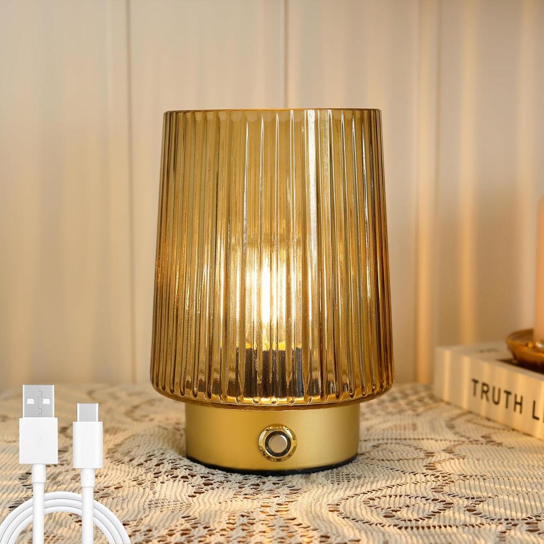 Cordless Rechargeable Battery Operated lamp,Glass Small Table lamp-Portable Dimmable Brightness Touch Wireless Bedside Lamp for Bedroom Kitchen Dining Home Living Room Decor Yellow