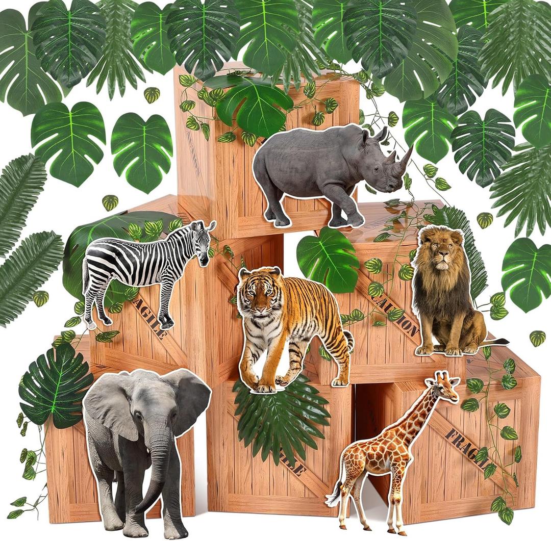 Daifunli 35 Pcs Jungle Animals Party Decoration Jungle Safari Favor Boxes with Artificial Palm Leaves for Birthday Tropical Woodland Zoo Wild Animal Party Supplies