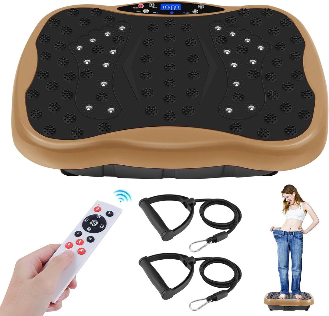 Vibration Plate Exercise Machine, Health & Fitness Full Body Vibration Platform, Portable Vibration Plate Platform for Weight Loss Home Fitness, Lymphatic Drainage, w/Resistance Bands+Remote (Gold)
