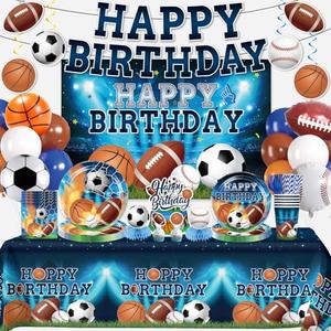 222Pcs Sports Birthday Party Decorations- Amp Up Your Sports Themed Party for 25 Guests. Includes Banner, Plates, Tablecloth, Cupcake Toppers and Aluminum Balloons for Boy Birthday Party Decorations