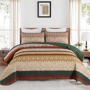 DJY Boho Quilt Set Queen Size Brown Green Bohemian Striped Bedspread Coverlet Set, Boho Floral Pattern Soft Microfiber Quilted Bedding Set for All Season, 96''x90''