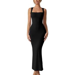 QINSEN Women's Square Neck with Lace Detail Long Maxi Dress Sleeveless Lounge Ribbed Full Length Dresses Black M