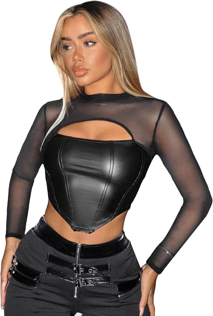 MakeMeChic Women's Faux Leather Crop Tops Y2K Cut Out Mesh Sheer Long Sleeve Mock Neck Tee Shirts (Medium, Black)