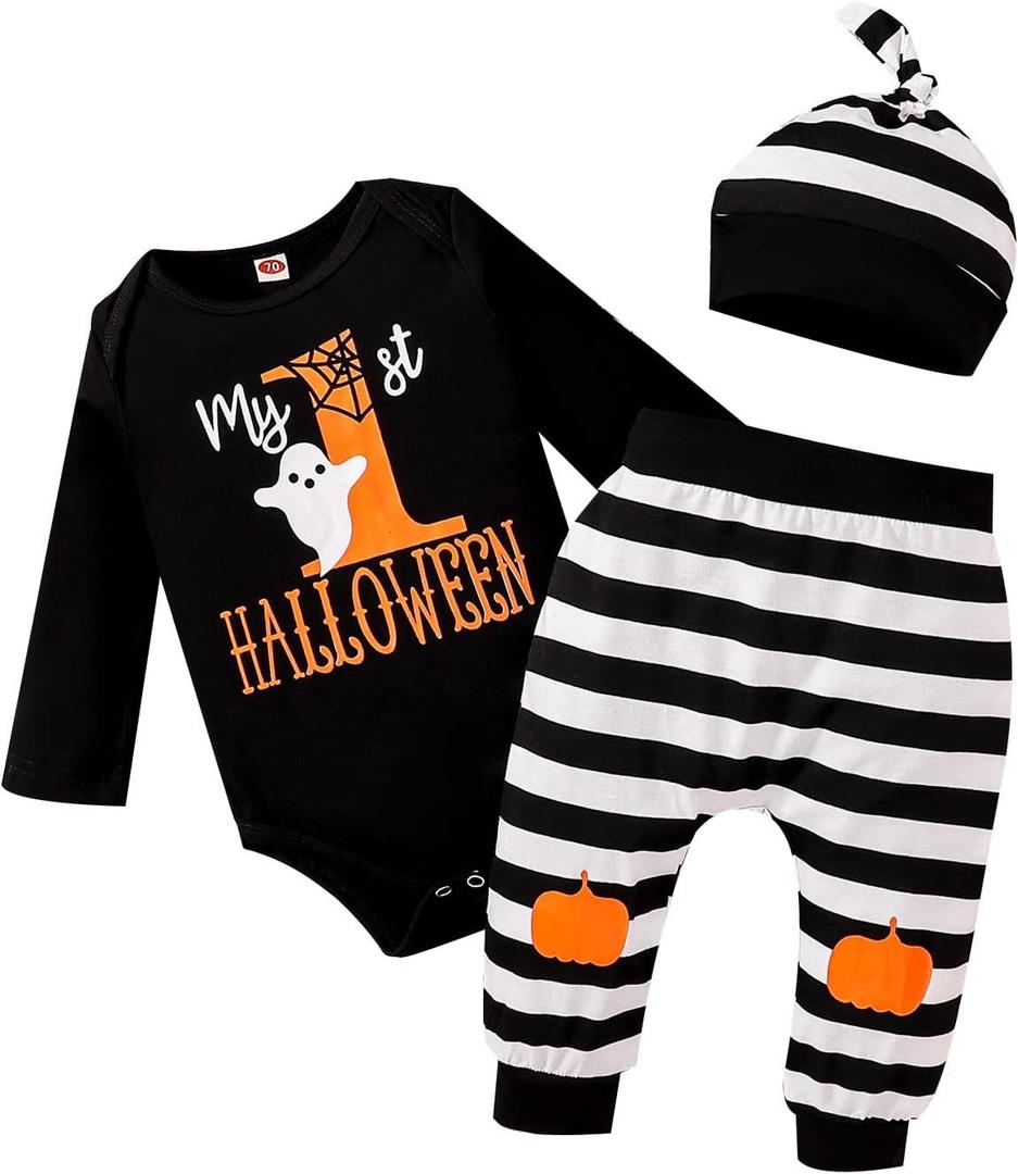 My 1st Halloween Baby Boy Outfits Newborn Clothes Infant Black Romper Pumpkin Pants Hat 3Pcs 0-18 Months
