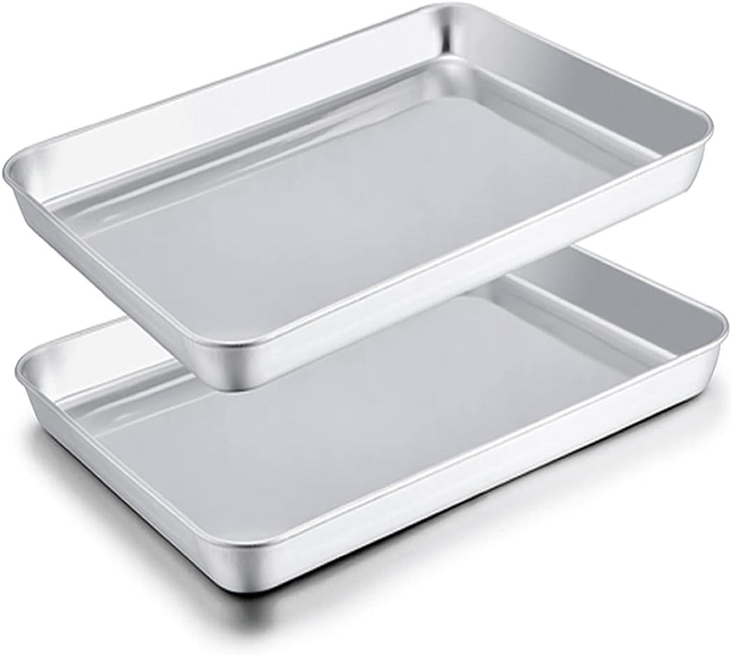 TeamFar Toaster Oven Pans, 9.3'' x 7'' x 1'' Stainless Steel Compact Toaster Oven Tray Ovenware, Healthy & Heavy Duty, Roll Edge & Mirror Finish, Easy Clean & Dishwasher Safe-2 PCS