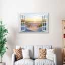 Beach Sunset Picture Wall Art Fake Open Window Ocean Natural Scene on Canvas Prints for Yellow Home Decor 36 x 24