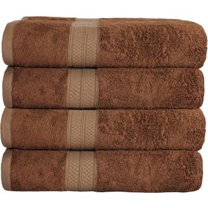 Superior Bath Towel Set, Rayon from Bamboo Cotton Blend, Ideal for Bathroom, Guest Bathroom, and Beach, Modern Style with Solid Dobby Border, Includes 4 Pieces; Bath Towels, Cocoa