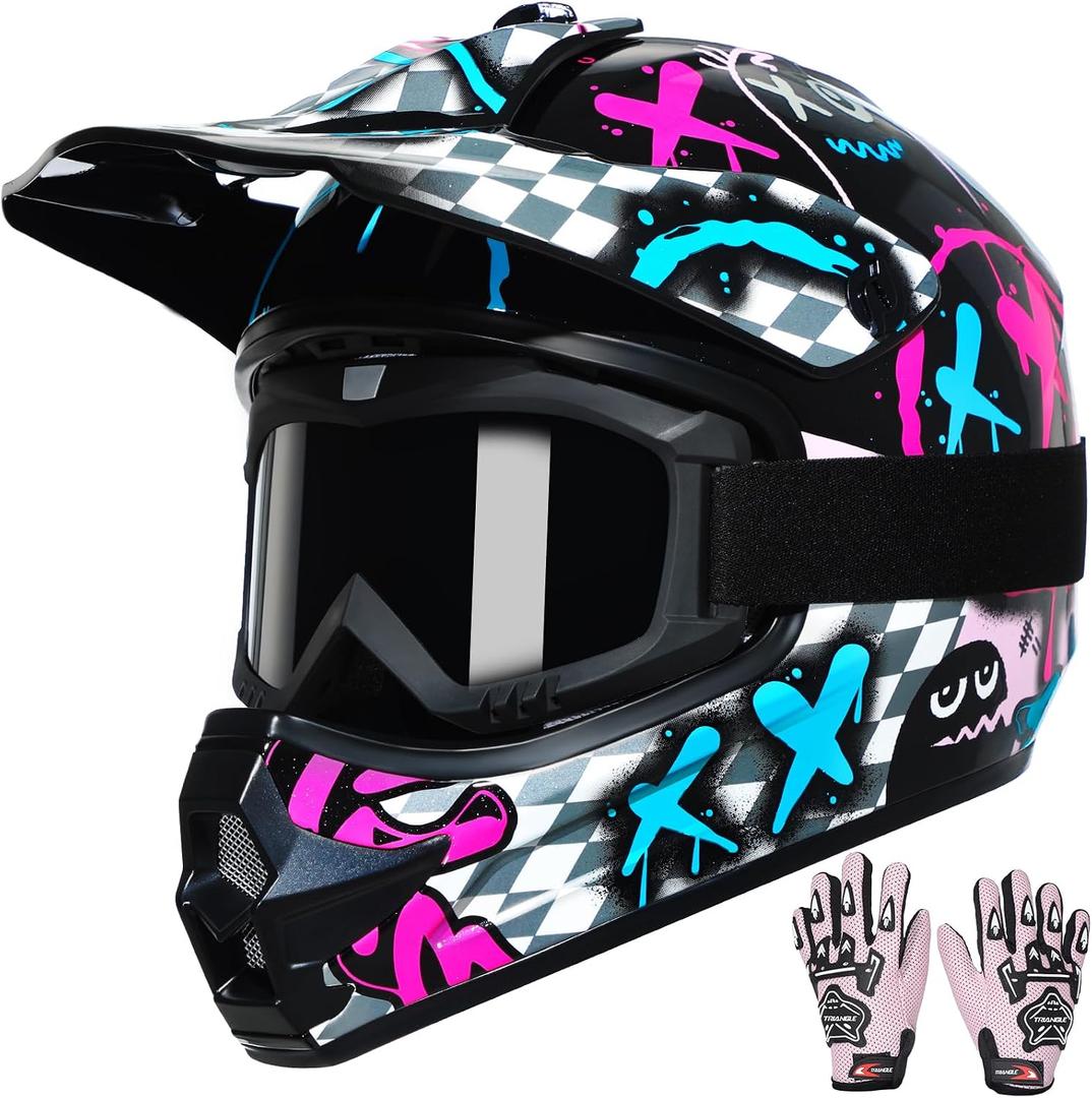 TRIANGLE Youth Kids Dirt Bike Helmet Full Face Motocross Helmet with Goggle & Gloves DOT/FMVSS-218 Approved Motorcycle Helmet M