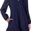 Long Sleeve V Neck Dresses for Women Eyelet Hollow Out Business Casual Tiered 2026 Fall Mini Dress with Pockets, XL