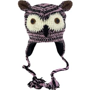 Humble Hilo Hand-Knitted Wool Animal Beanie - Animal-Themed Knit Beanie for Anyone, Cute Winter Beanie Hats (Large, Pink Owl)