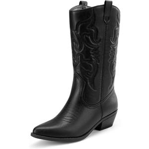 DREAM PAIRS Women's Cowboy Boots Pull On Cowgirl Boots Mid Calf Western Boots (Black)