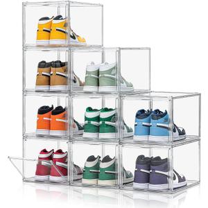 9 Pack X-Large Acrylic Clear Shoe Boxes,Professional Boot and Hat Display Case Organizer,Purse Organizer for Closet,360 Clear Plastic Stackable Sneaker Storage for Sneakerhead,Fits US Size 14.5
