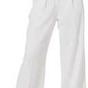 Women Wide Leg High Waist Wide Leg Pants Loose Fit Back Elastic Waist Pleated Front Trousers for Work Casual (Small Long, White)