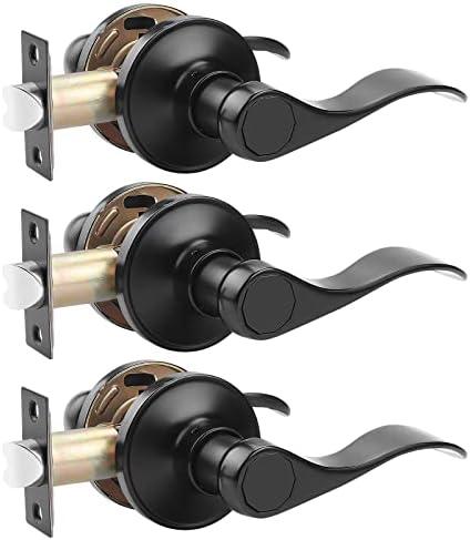 Probrico (3 Pack Passage Door Lever [Non-Locking Lever Set], Non-Locking Door Handle Set for Hallway or Closets, Keyless Black Finish Wave Door Lock, Reversible Right & Left Side Handed