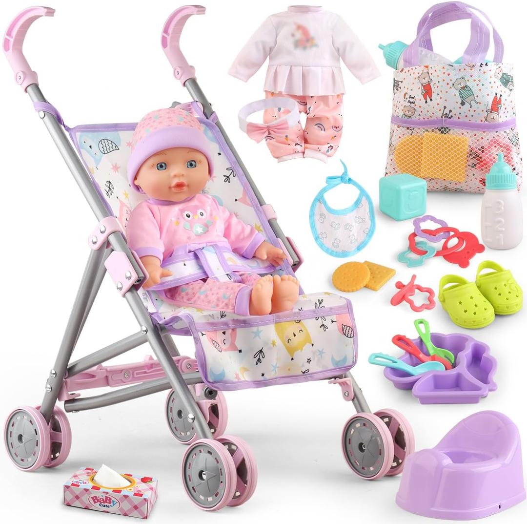 Baby Doll with Stroller Set for Realistic Pretend Play for 3 4 5 6 7 Year Old Toddler Girls Gifts. Baby Stroller Toys includes 12.5inch Baby Dolls, 2 sets Doll Clothes and 17 PCS Doll Accessories