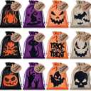 Yerliker 24 Pcs Halloween Burlap Treat Bags with Pumpkin Cards and Drawstring 7 x 5 Inch Halloween Linen Jute Bag Trick or Treat Burlap Candy Pouches for Party Favor(Scary Style)