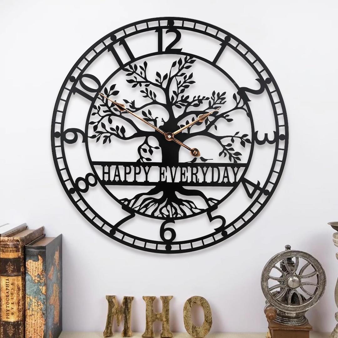 Tree of Life Wall Clock,Metal Black Large Wall Clock, 24inch Oversized Wall Clock for Living Room Bedroom Home Decor,Silent Mid-Century Clock,Modern Family Tree Clock