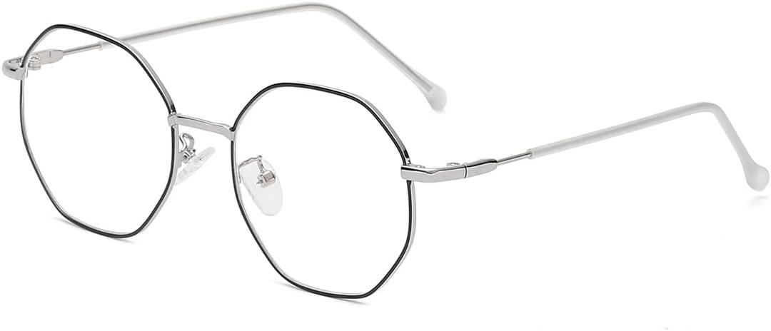 Polygon Blue Light Blocking Glasses for Women Men Retro Octagon Square Non-prescription Metal Frame Eyeglasses (T2 Black/Silver)