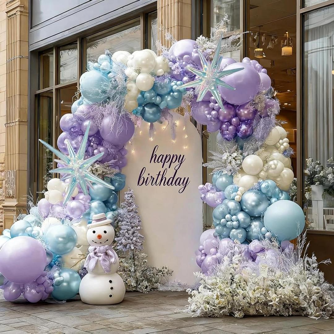 Frozen Balloon Garland Arch Kit, Double Stuffed Purple Blue White Pearl Balloons with Iridescent Star Foils for Birthday Christmas Baby Shower Frozen Wedding Winter Party Decorations