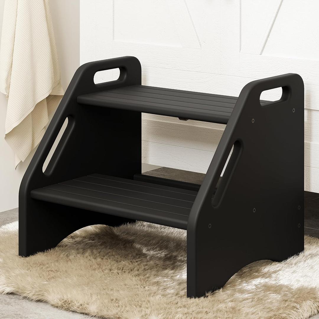 AMBIRD Wooden Step Stool, Two Step Stools 300 lbs Capacity with Safety Non-Slip Pads and Handles, Bamboo Step Stool for Bathroom, Kitchen Dual Height Step Stools for Adults (Black) (13.2'' H)