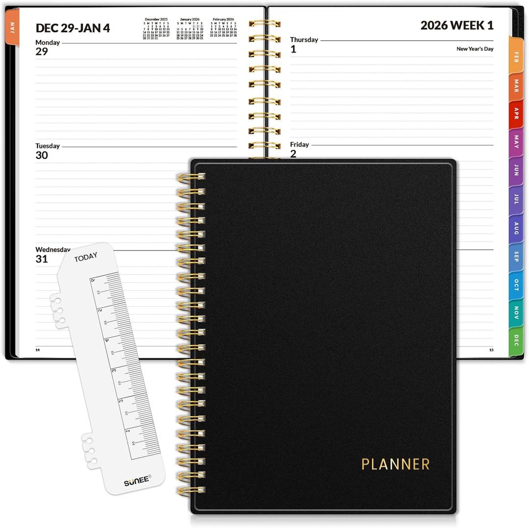 SUNEE 2026 Weekly and Monthly Planner - from January 2026 - December 2026, Daily Agenda Planner with Monthly Tab, Flexible Cover, Note Pages, Pockets, Bookmark, Spiral Binding, Black, 6.4" x 8.3"