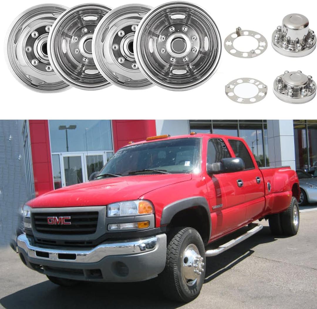 4X 16 inches Stainless Steel Dually Wheel Simulators, 8 Lug 4 Hand Hole Hubcaps Cover Fit for for 74-00 Chevy GMC 3500, 74-98 Ford F350, 08-21 Ford E350/E450 Van, 74-99 Dodge Ram 3500 608FV