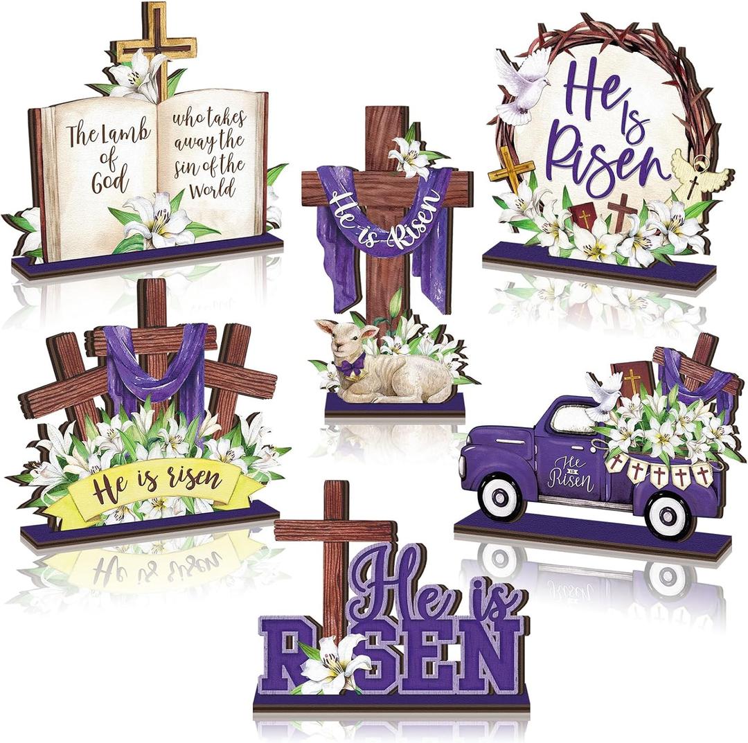 6 Pcs Easter Table Decorations Wooden Table Centerpieces Rustic Wood Tabletop Sign Decorations for Home Kitchen Office Farmhouse Desk Shelves Party Tiered Tray Decor