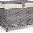 Wicker Storage Basket with Lid,Rattan Shelf Basket with Removable Liner Bag,160L Storage Bin,Storage Trunk with Heightened Feet,Storage Container for Wardrobe,Home Organizer (17.7 x 29.9 x 20.46 Inches, Grey)