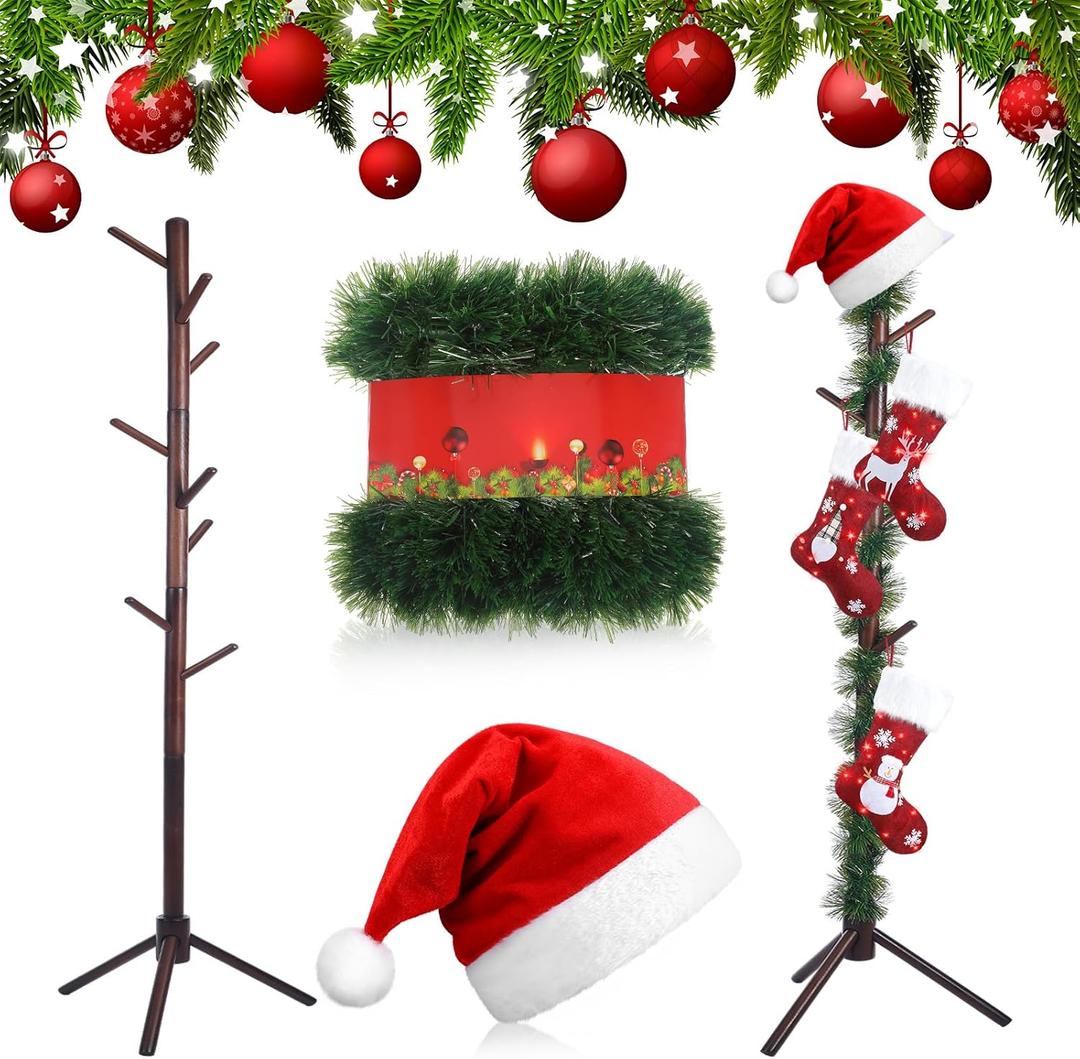 70 Inch Christmas Stocking Holder Stand Freestanding Wooden Stocking Holder Rack with 8 Hooks Christmas Stocking Hangers with Artificial Christmas Garland and Santa Hat for Xmas Holiday Home