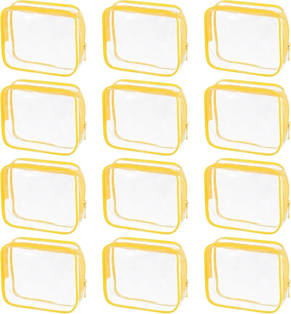 uxcell Clear Toiletry Bag, 12 Pcs PVC Transparent Makeup Bag for Women Man, Cosmetic Pouch Bags with Zipper for Travel Makeup Organizer Pouch, Yellow(M Size) (EXP 08/06/26)
