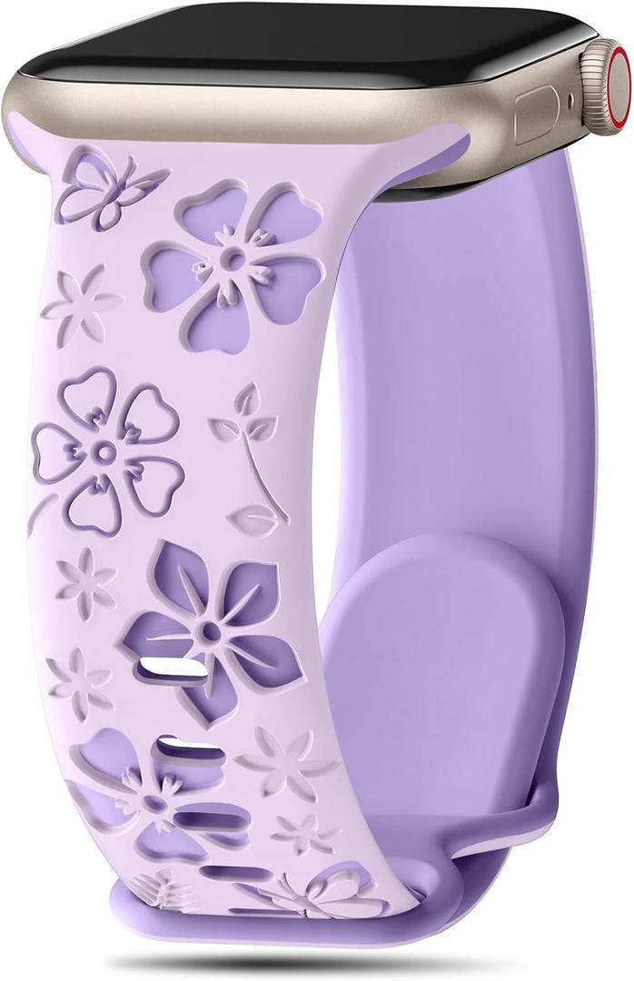 Floral Engraved Band Compatible with Apple Watch Band Women 40mm 38mm 41mm 42mm 44mm 45mm 46mm 49mm, Soft Silicone Two-Tone Flower Sport Strap for iWatch Series 10 9 8 7 6 5 4 3 2 1 SE Ultra (Lavender/Purple)